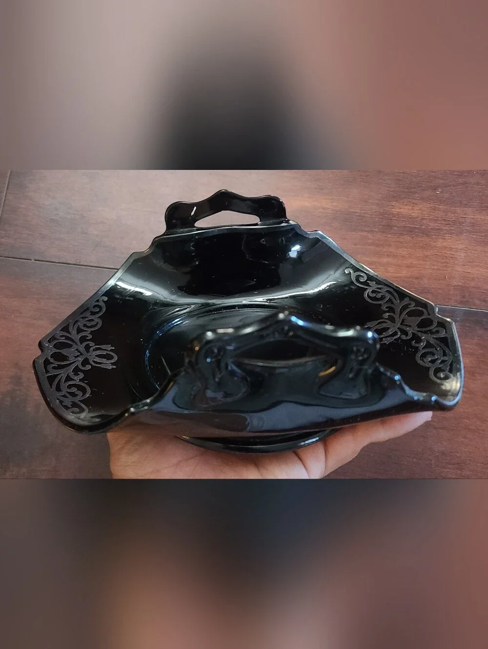 Vtg LE Smith Black Amethyst Glass Bonbon Dish Art Deco Sterling Silver...